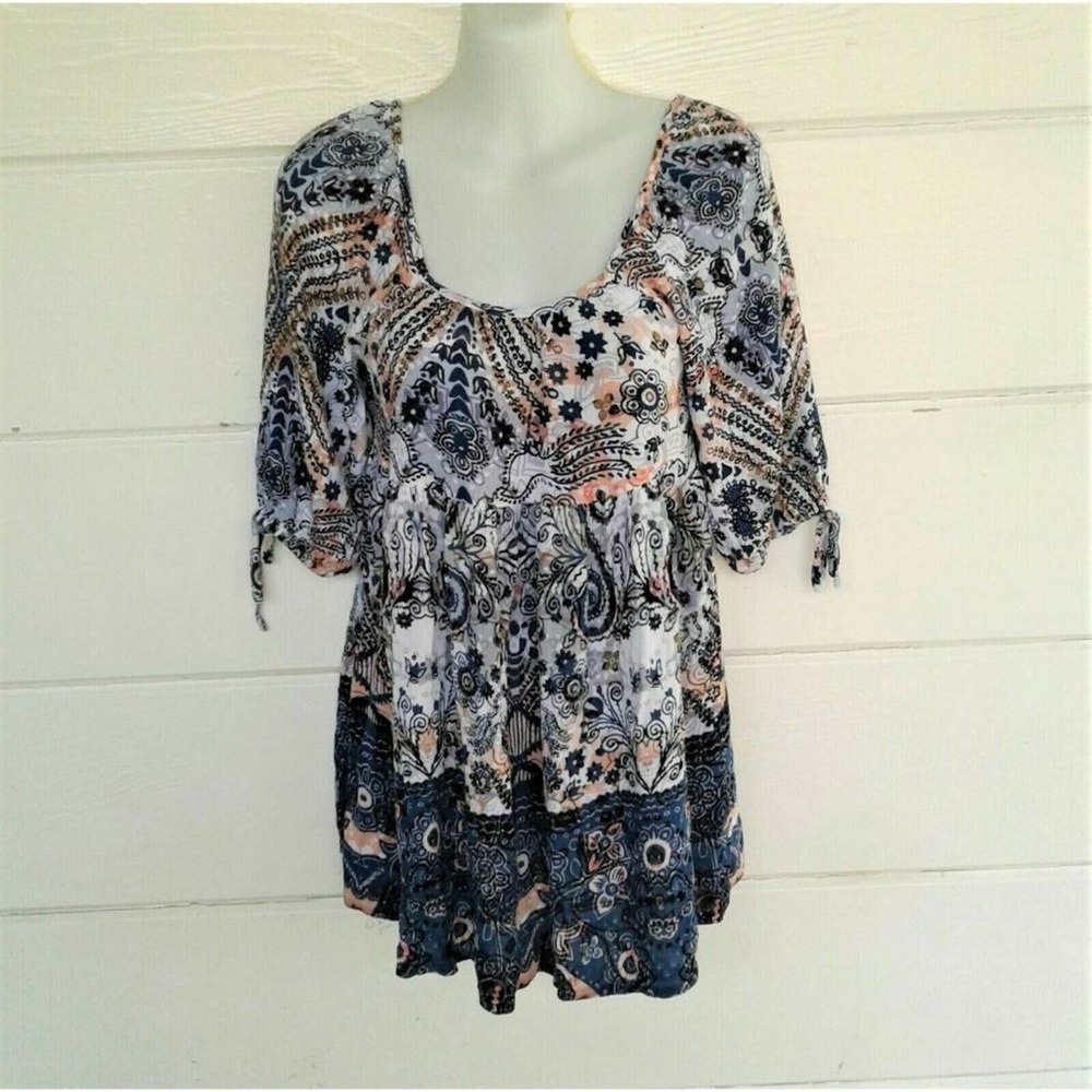 Princess by Vera Wang Pink Blue Tunic Top Half Sleeves Loose Fit Boho Blouse XS